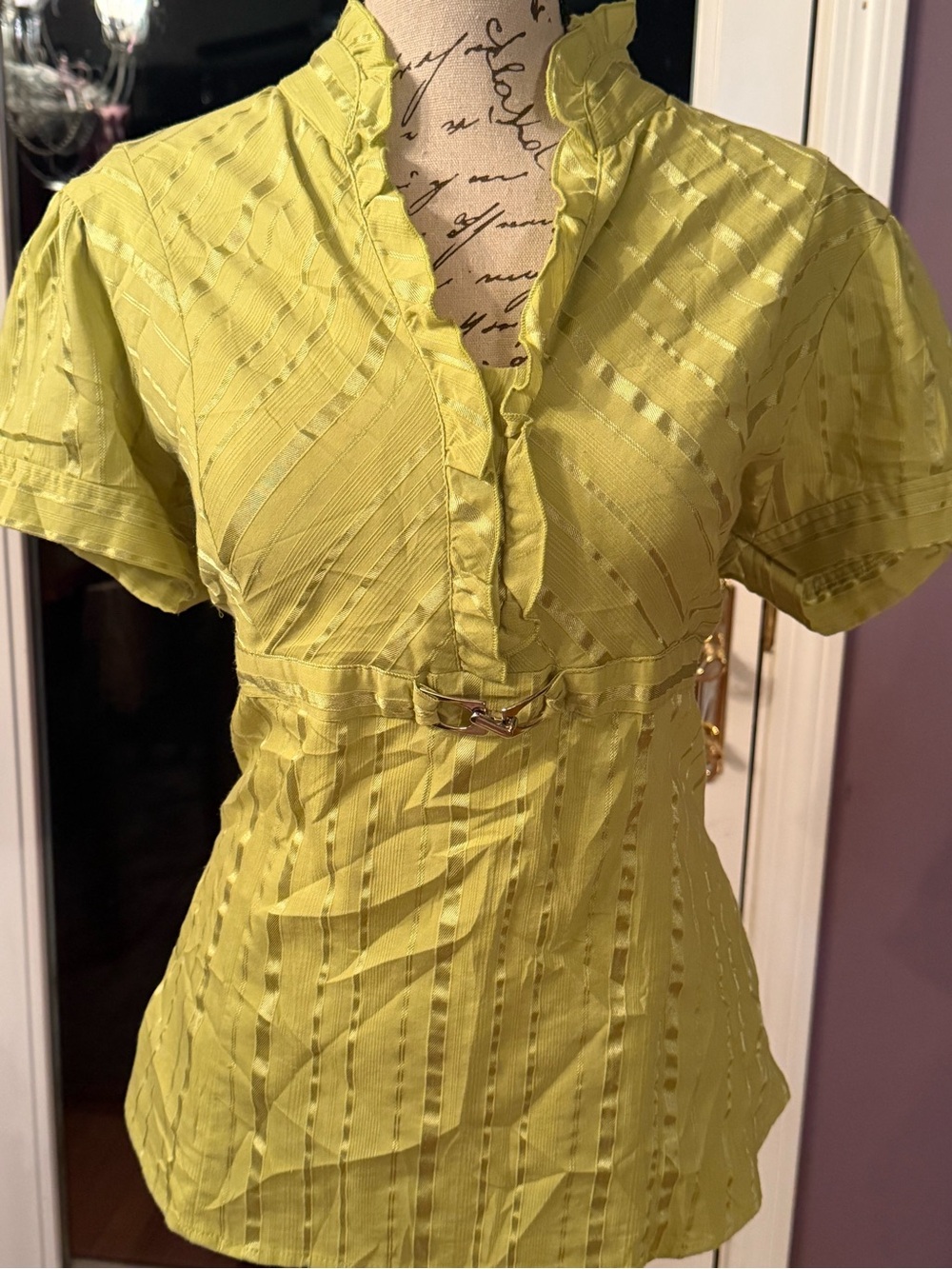 Arianne Lime Green Ruffled V-Neck Short Sleeve Blouse